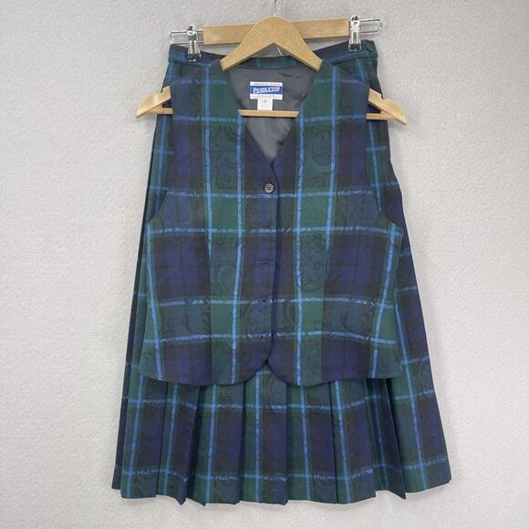 Pendleton Dresses & Skirts - Pendleton Vest Skirt Set Womens 6 Green Blue Plaid Wool Petite Pleated Made USA